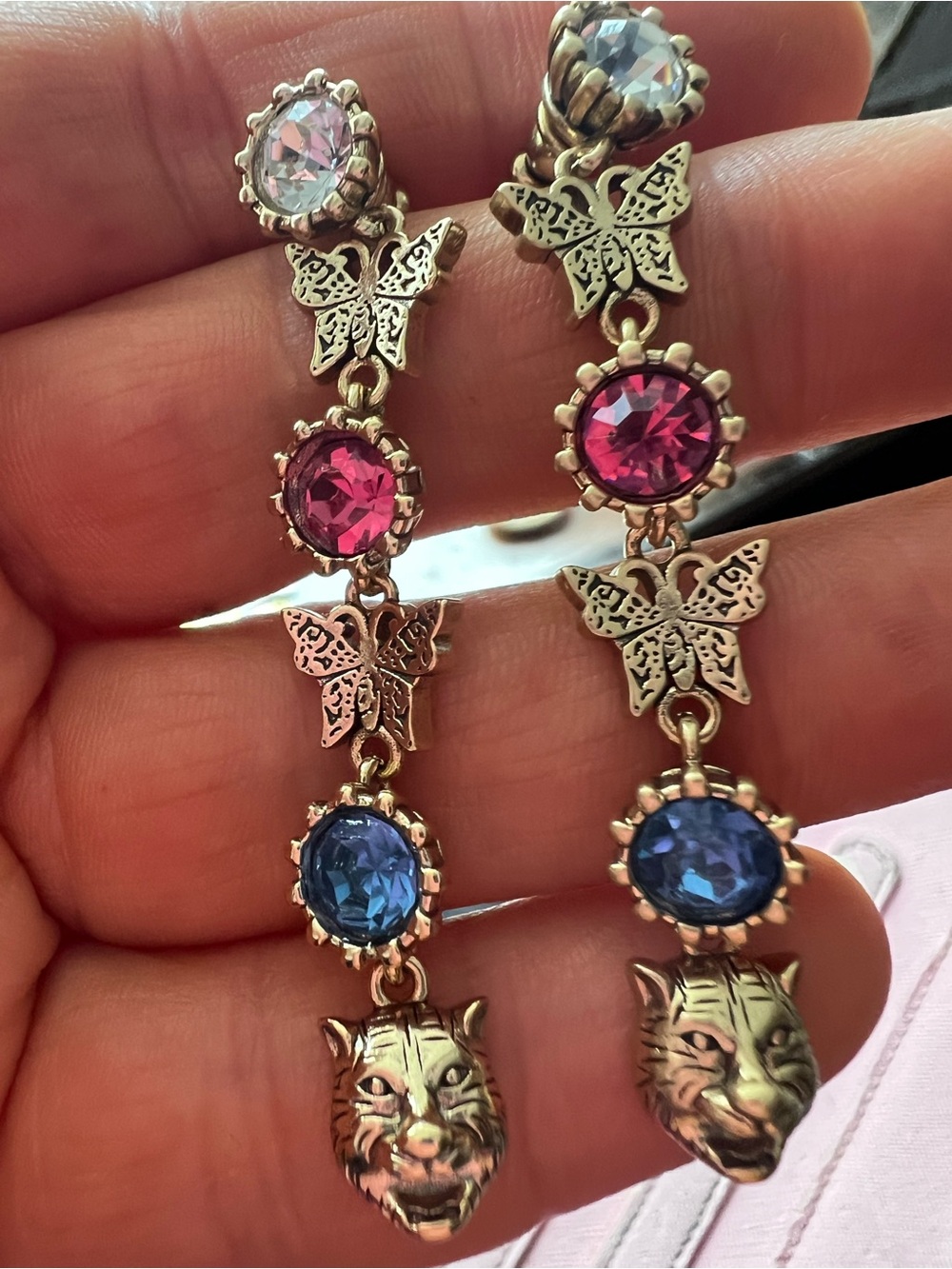 Unbranded Upcycled Butterfly & Crystal Drop Earrings with Pink and Blue Stones